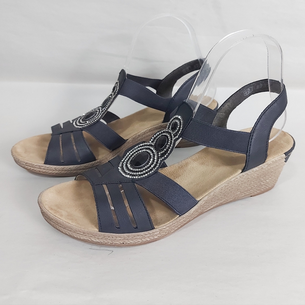 Rieker Fanni Lightweight Comfort Slingback Navy Wedge Sandals 40 EU Casual Shoes